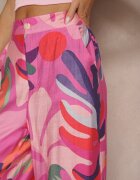 rosa Pantaloni Fucsia din Viscoză Largi High Waist cu model de frunze Ralimia