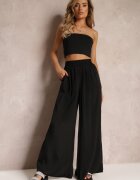 rosa Pantaloni Largi Negri cu elastic în talie Carleny