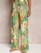 rosa Pantaloni Largi Verzi cu Imprimeu Floral cu Talie Elastică Alaysa