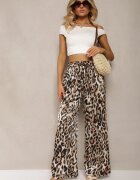 rosa Pantaloni Maro Tip Palazzo cu Mătase cu Elastic în Talie cu Imprimeu Animal Elanea