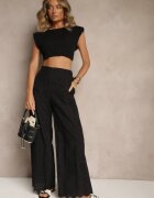 rosa Pantaloni Negri De Bumbac Brodați Cu Talie Înaltă Și Croială Largă Milirelia