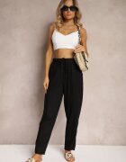 rosa Pantaloni negri drepți din bumbac cu elastic în talie Xisela