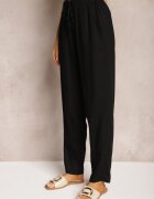 rosa Pantaloni negri drepți din bumbac cu elastic în talie Xisela