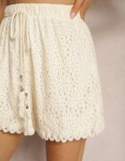 rosa Pantaloni scurți Bej din Țesătură de Dantelă cu Elastic și Șnur în Talie Sadana