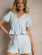 rosa Pantaloni scurți largi albastru deschis din bumbac decorate cu broderie florală Norriz