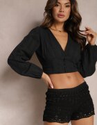 rosa Pantaloni scurți negri de bumbac cu dantelă ajurată Rambra