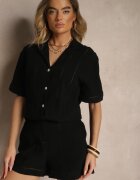 rosa Pantaloni scurți Negri din bumbac Talie înaltă decorate cu model geometric Galessira