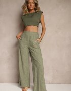 rosa Pantaloni Verzi Din bumbac Brodați High Waist Cu croială largă Milirelia