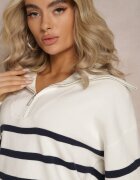 rosa Pulover golf Alb-Bleumarin cu manșete în dungi cu fermoar Likatte