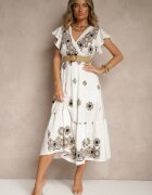 rosa Rochie Alb-Negru din Vascoză Decorată cu Curea și Broderie Nilorelle