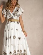 rosa Rochie Alb-Negru din Vascoză Decorată cu Curea și Broderie Nilorelle