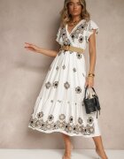 rosa Rochie Alb-Negru din Vascoză Decorată cu Curea și Broderie Nilorelle