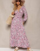 rosa Rochie Alb-Roșie din Viscoză cu Decolteu Triunghiular și Elastic în Talie cu Centură din Material Funella