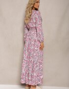 rosa Rochie Alb-Roșie din Viscoză cu Decolteu Triunghiular și Elastic în Talie cu Centură din Material Funella