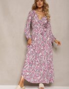 rosa Rochie Alb-Roșie din Viscoză cu Decolteu Triunghiular și Elastic în Talie cu Centură din Material Funella