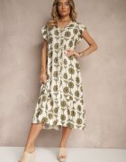rosa Rochie Alb-Verde Evazată florală din bumbac Efalithea