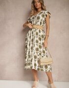 rosa Rochie Alb-Verde Evazată florală din bumbac Efalithea
