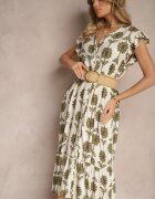rosa Rochie Alb-Verde Evazată florală din bumbac Efalithea