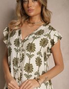 rosa Rochie Alb-Verde Evazată florală din bumbac Efalithea