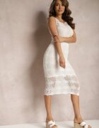 rosa Rochie Albă Ajourată Stil Bodycon cu Jupă pe Bretele Inclus Xanthemme