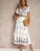 rosa Rochie Albă-Albastră din Viscoză Decorată cu Curea și Broderie Nilorelle
