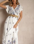 rosa Rochie Albă-Albastră din Viscoză Decorată cu Curea și Broderie Nilorelle