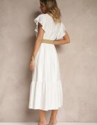 rosa Rochie Albă-Albastră din Viscoză Decorată cu Curea și Broderie Nilorelle