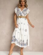 rosa Rochie Albă-Albastră din Viscoză Decorată cu Curea și Broderie Nilorelle