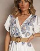 rosa Rochie Albă-Albastră din Viscoză Decorată cu Curea și Broderie Nilorelle