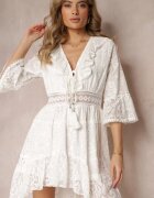 rosa Rochie Albă Cloche Mini cu Spate Mai Lung și Inserții din Dantelă Ralan