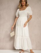 rosa Rochie Albă din Bumbac Decorată cu Broderie Iffirina