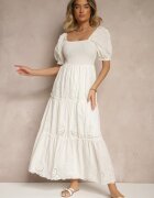 rosa Rochie Albă din Bumbac Decorată cu Broderie Iffirina