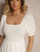 rosa Rochie Albă din Bumbac Decorată cu Broderie Iffirina