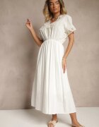 rosa Rochie Albă din Bumbac în Stil Boho cu Buzunare Orrane