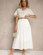 rosa Rochie Albă din Bumbac în Stil Boho cu Buzunare Orrane