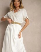 rosa Rochie Albă din Bumbac în Stil Boho cu Buzunare Orrane