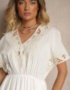 rosa Rochie Albă din Bumbac în Stil Boho cu Buzunare Orrane