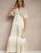 rosa Rochie Albă Din Viscoză Boho Cu Croială Petrecută Cu Broderie Metalică Redeselle