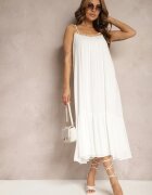 rosa Rochie Albă din Viscoză cu Bretele Decorată cu Paiete și Fir Metalic