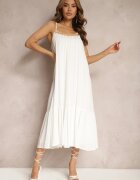 rosa Rochie Albă din Viscoză cu Bretele Decorată cu Paiete și Fir Metalic