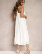 rosa Rochie Albă din Viscoză cu Bretele Decorată cu Paiete și Fir Metalic