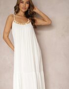 rosa Rochie Albă din Viscoză cu Bretele Decorată cu Paiete și Fir Metalic