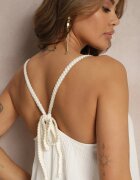 rosa Rochie Albă din Viscoză cu Bretele Decorată cu Paiete și Fir Metalic