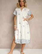 rosa Rochie Albă din Viscoză cu Croială Boxy cu Guler cu Broderie Sanavelle
