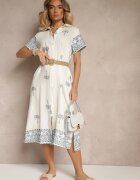 rosa Rochie Albă din Viscoză cu Croială Boxy cu Guler cu Broderie Sanavelle