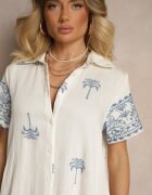 rosa Rochie Albă din Viscoză cu Croială Boxy cu Guler cu Broderie Sanavelle