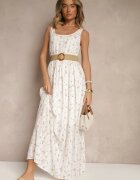 rosa Rochie Albă Florală cu croială evazată cu centură din împletitură Iffonvia