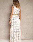 rosa Rochie Albă Florală cu croială evazată cu centură din împletitură Iffonvia