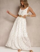rosa Rochie Albă Florală cu croială evazată cu centură din împletitură Iffonvia