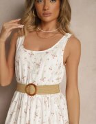rosa Rochie Albă Florală cu croială evazată cu centură din împletitură Iffonvia